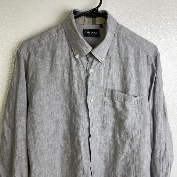 Barbour Dress Tartan Linen Shirt Mens Large Gray Check Cuff Kenneth Button Up - Picture 4 of 12
